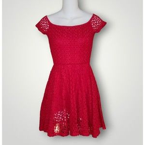 Joyce Leslie Womens XS RED Crochet Lined Front Cap Sleeve Fit Flare Mini Dress